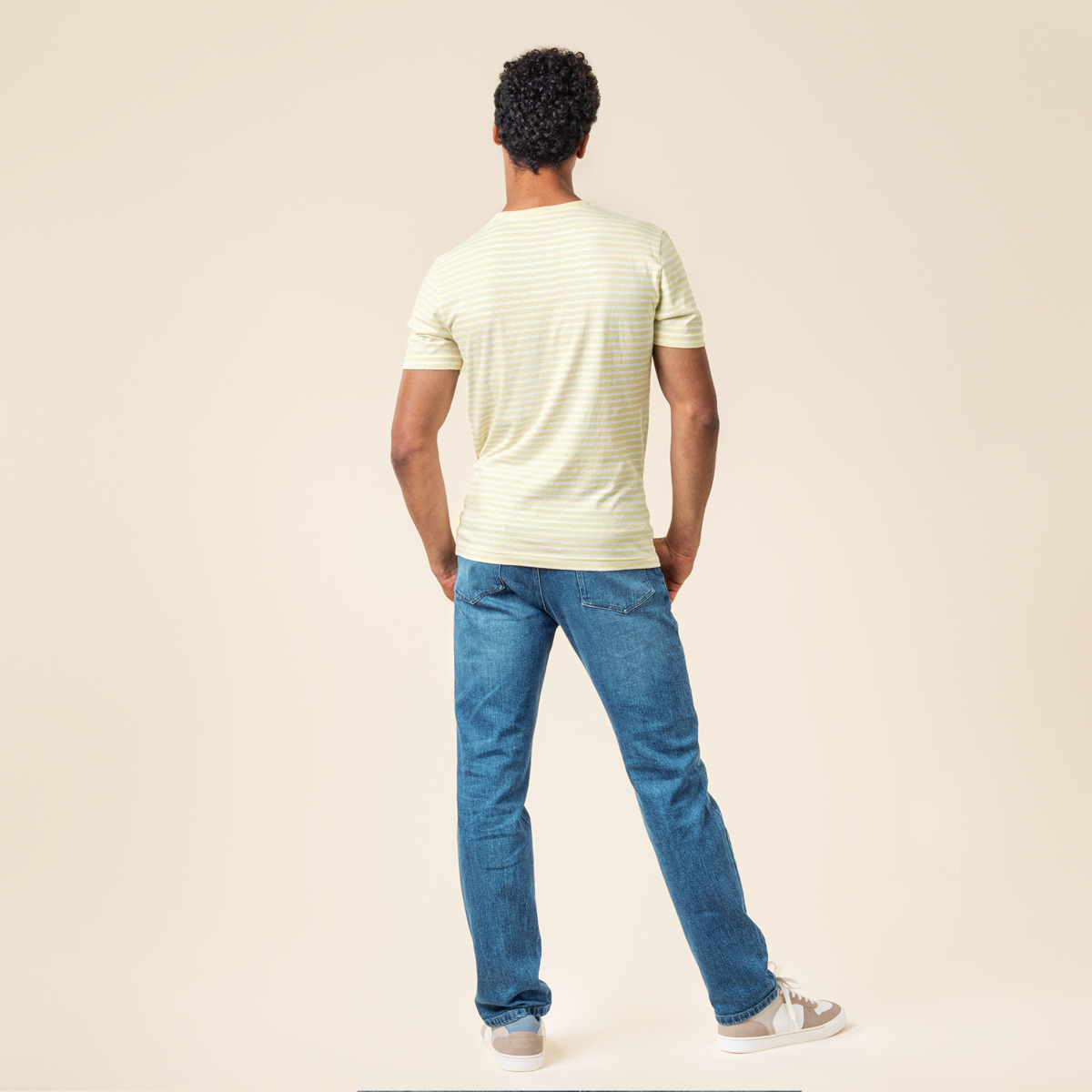 Moška majica KR eko bombaž, lan RUMENA črtasta M, L