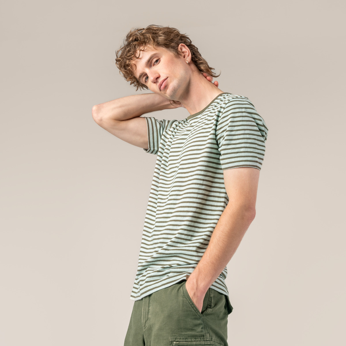 Moška majica KR eko bombaž, lan ZELENA črtasta M