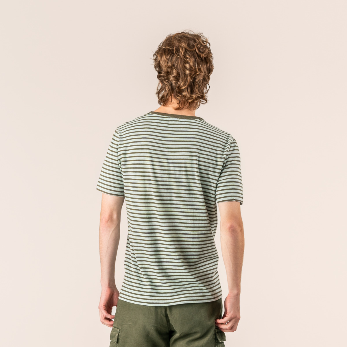 Moška majica KR eko bombaž, lan ZELENA črtasta M