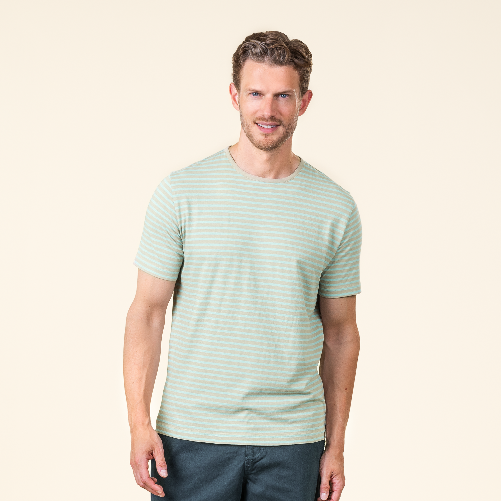 Moška majica KR eko bombaž, lan ZELENA črtasta M