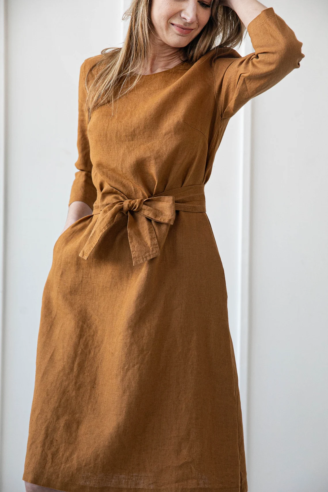 Obleka 3/4 rokav s pasom 1252, 100% lan Obleka 3/4 rokav s pasom 1252, 100% lan