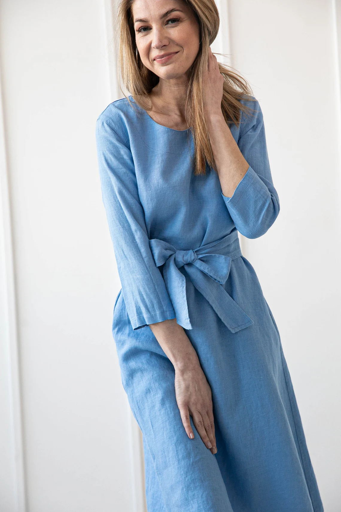 Obleka 3/4 rokav s pasom 1252, 100% lan