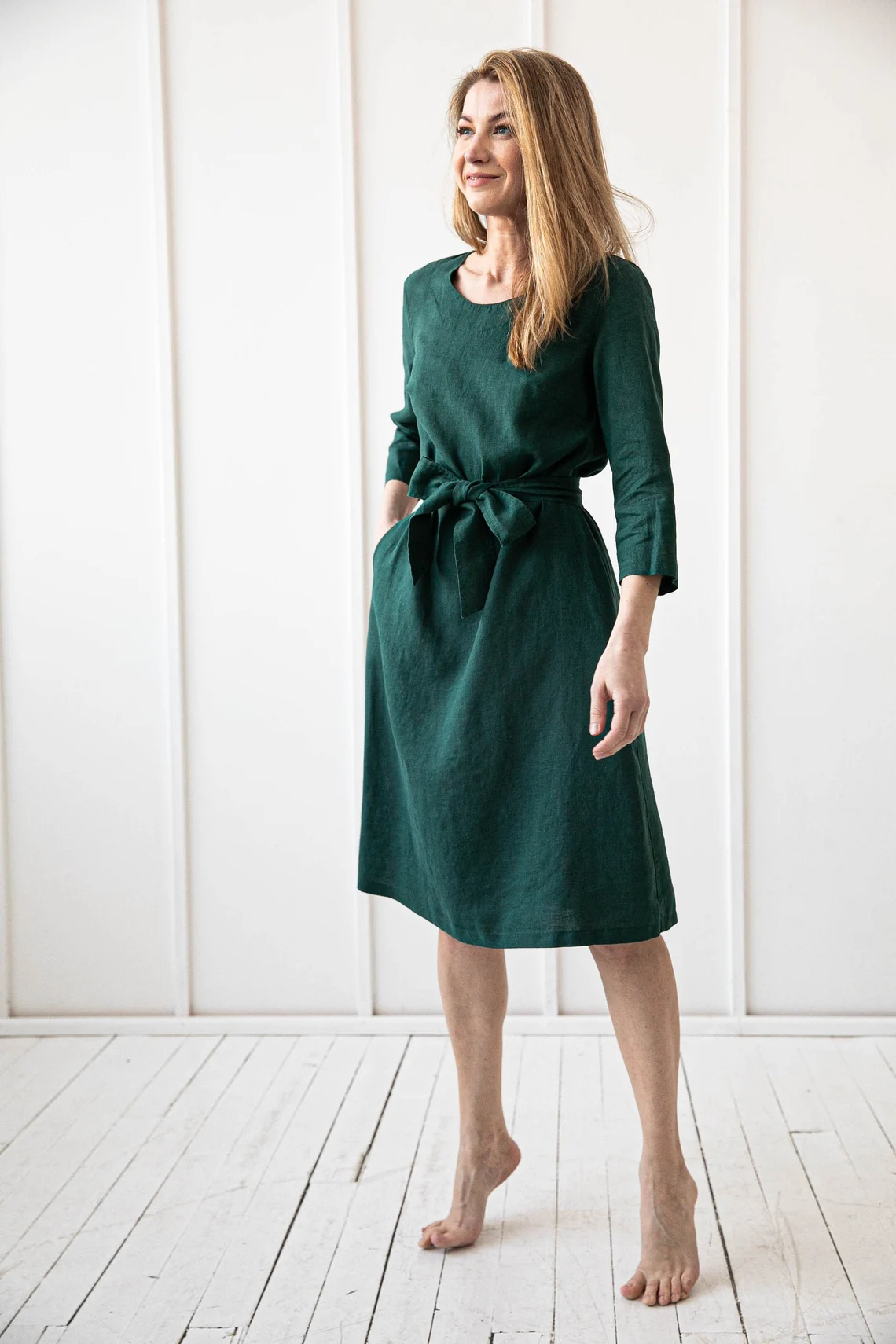 Obleka 3/4 rokav s pasom 1252, 100% lan Obleka 3/4 rokav s pasom 1252, 100% lan