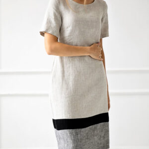 Obleka ženska 1223 100% lan, BEIGE GREY L Obleka ženska 1223 100% lan, BEIGE GREY L