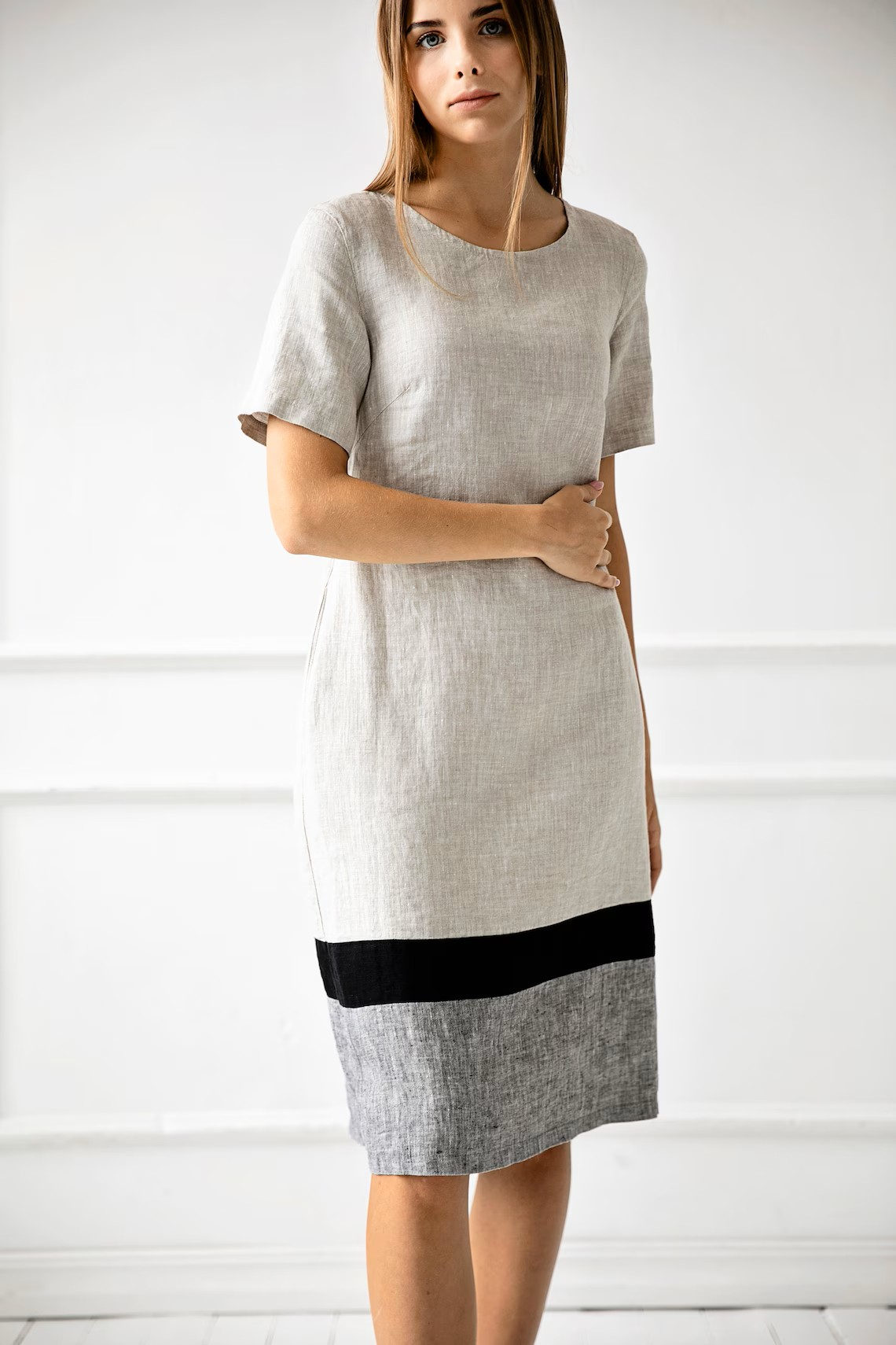 Obleka ženska 1223 100% lan, BEIGE GREY L Obleka ženska 1223 100% lan, BEIGE GREY L