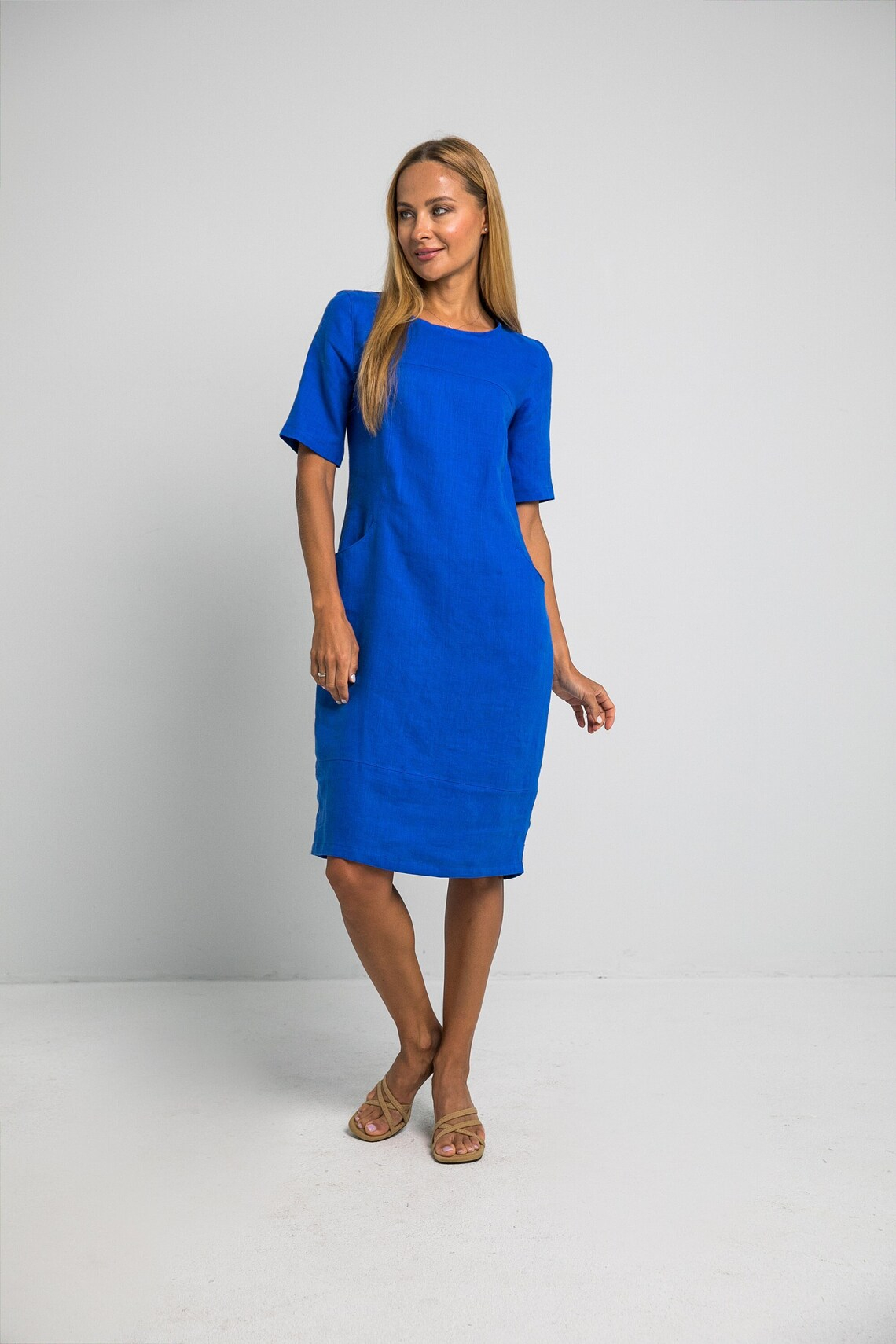 Obleka ženska 1210 100% lan, ROYAL BLUE S,M