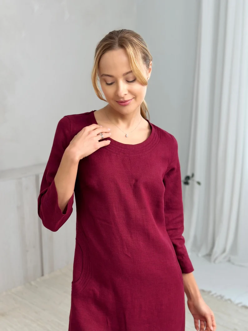 Obleka 1249, 100% lan, temno rdeča, S,M