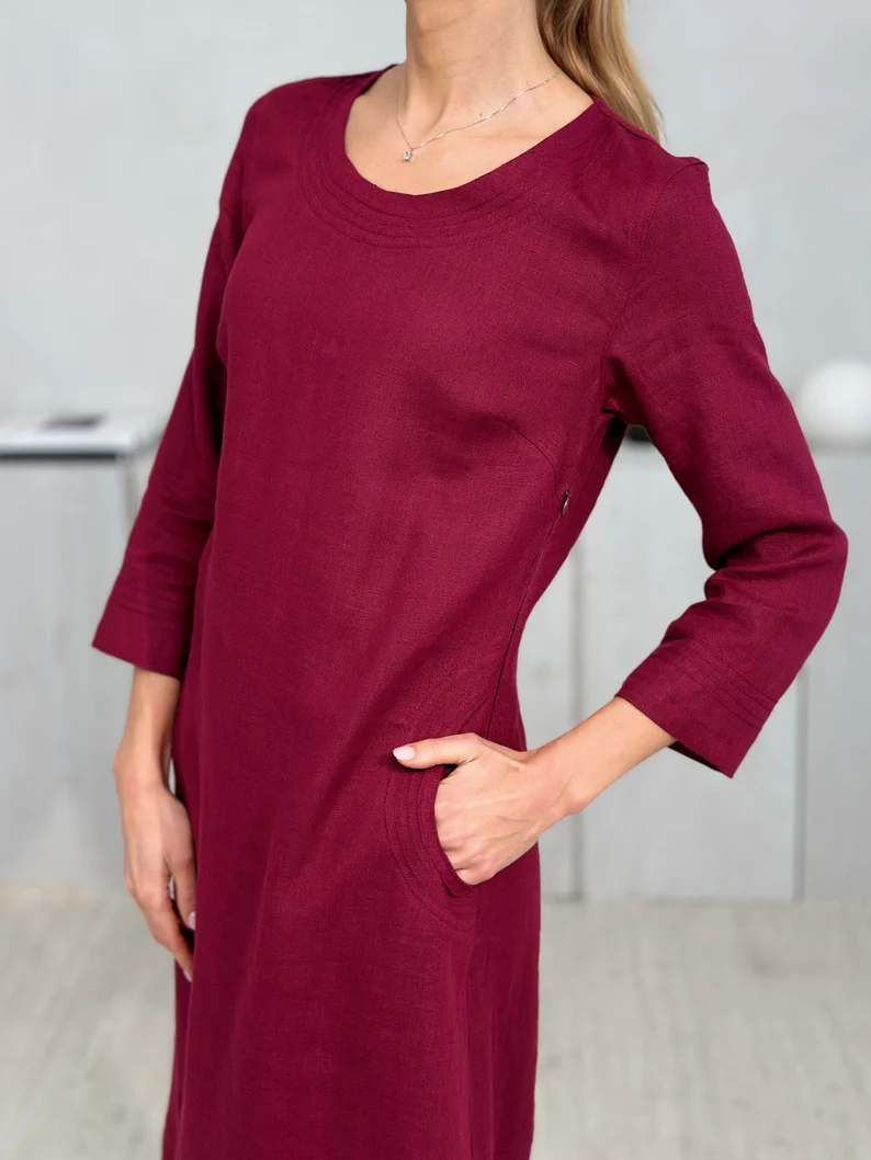 Obleka 1249, 100% lan, temno rdeča, S,M