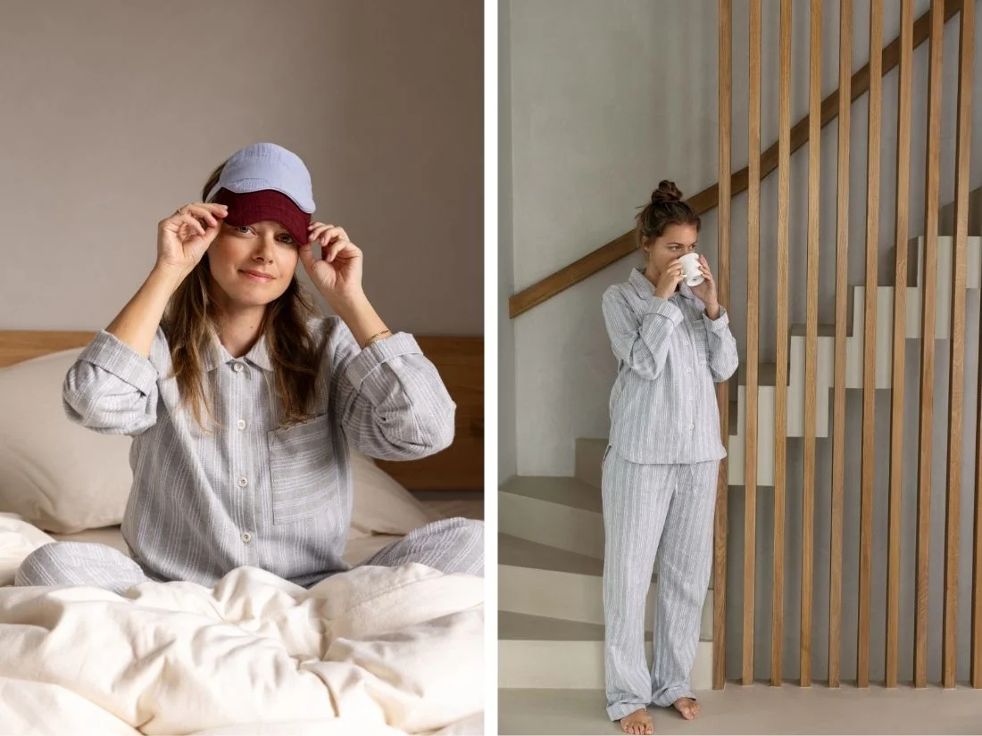 Zgornji del ženske pižame iz eko flanele, siva črtasta